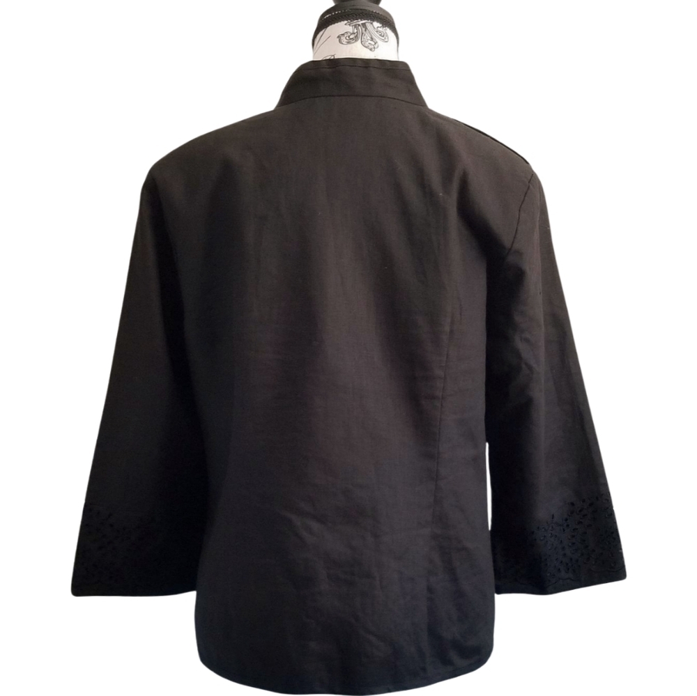 Anne Carson Black Linen Eyelets 3/4 Sleeves Jacket Mandarin Collar Size Large - Picture 2 of 7
